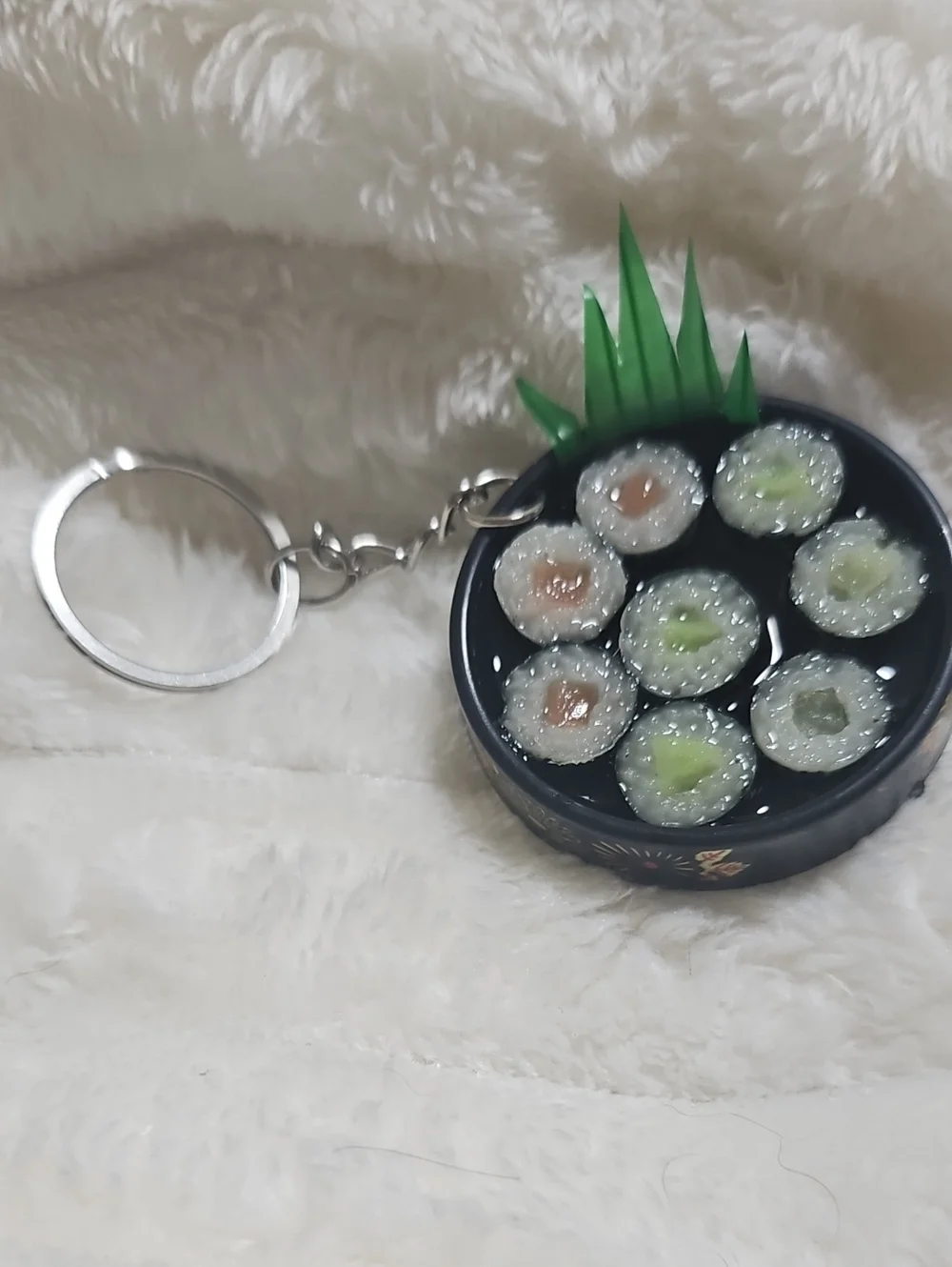 Source Unknown Black Sushi Roll Keychain with Green Accent